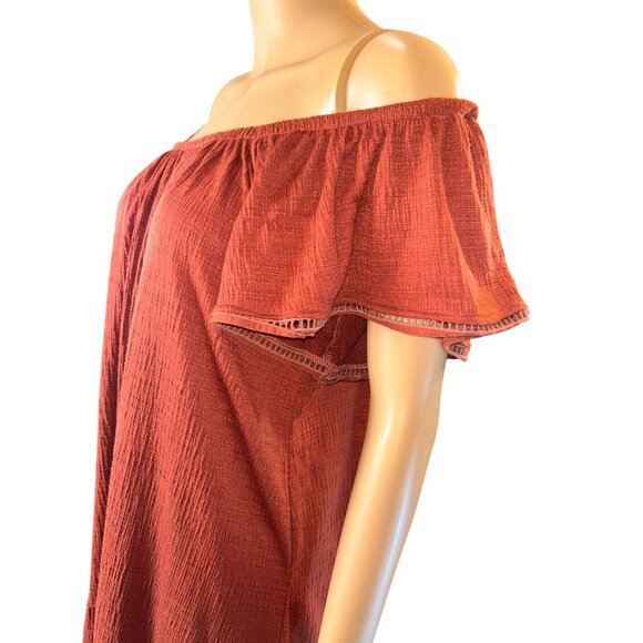 Womens Off-Shoulder Tiered Mini Dress Size S Rust Cottagecore Prairie - Picture 7 of 10